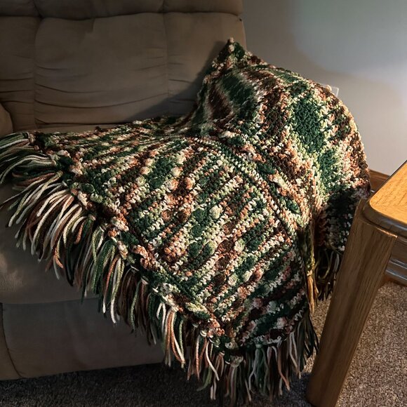 Vintage Handmade Blanket Knit Crochet Fall Brown Green Tan Fringe Cottagecore - Picture 5 of 7